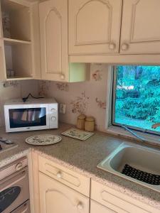 a kitchen with a microwave and a sink at Domek wakacyjny in Sumowo