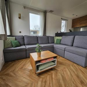 a living room with a couch and a table at Chalet Zomerdroom Gasselte in Gasselte