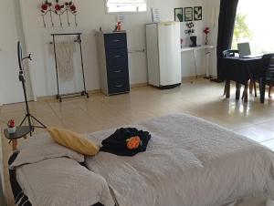 カボ・フリオにあるSuite Renascer Cabo Frioのベッドのある寝室とテーブルのあるキッチン