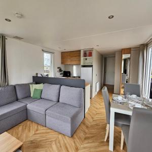 a living room with a couch and a table at Chalet Zomerdroom Gasselte in Gasselte +35 photos