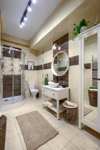 クリニツァ・ズドルイにあるApartament Krynica Centralの洗面台、トイレ、鏡のあるバスルーム