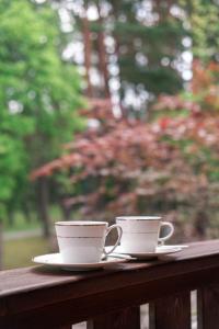 two coffee cups sitting on a wooden rail at Domus Revado in Birštonas