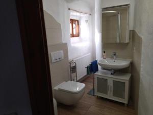a small bathroom with a toilet and a sink at Ferienwohnung Alte Schmiede in Beilngries +5 photos