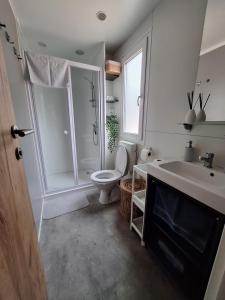 łazienka z toaletą, prysznicem i umywalką w obiekcie Mobile home Blue Lagoon 785 w Biogradzie na Moru