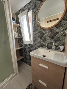 un baño con lavabo y espejo en Chalet de jardin, piscine, en Seignosse 15 fotos más