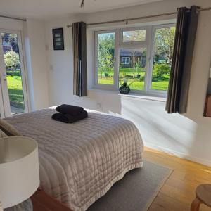 une chambre avec un lit et deux fenêtres dans l'établissement Grandwood House Lodges, à Chichester