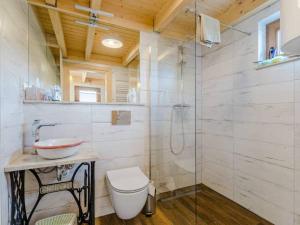 un bagno con doccia, WC e lavandino di Zagroda ciszy a Lubiatowo