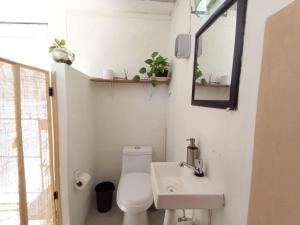 a small bathroom with a toilet and a sink at Casa Ha Hostal in Mérida