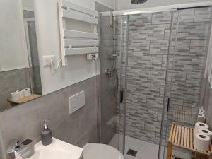 a bathroom with a shower and a toilet and a sink at A casa di Vito in Matera +29 photos