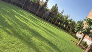 a green lawn with palm trees and a fence at Villa haut standig 2000 m2 in Marrakesh