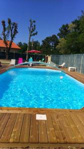 a large blue swimming pool with a wooden deck at Maison Champagne in Escource