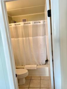 大洋城Stunning Studio with community pool just steps to Beach and Boardwalk!的带厕所和淋浴的小浴室
