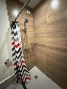a bathroom with a shower with an american flag at Condo in Davao City in Davao City