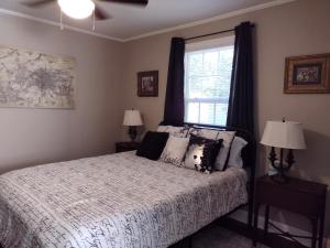 ein Schlafzimmer mit einem Bett mit Kissen und einem Fenster in der Unterkunft Charming, Cozy Cottage Near Downtown New Bern in New Bern