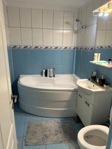 ein Badezimmer mit Badewanne, Toilette und Waschbecken in der Unterkunft CMD Apartament 2 camere in Buzău
