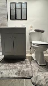 a bathroom with a toilet and a sink and a rug at Best Motel By OYO Chicago I-90 in Chicago