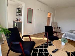 a living room with two chairs and a table at Kiva majoitus 1-4hlö, 500m keskustaan, parkkipaikka in Oulu