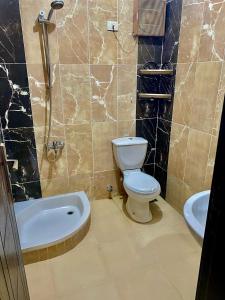 a bathroom with a toilet and a sink and a shower at شاليه 3 غرف Lasrina mini Egypt in Ain Sokhna +7 photos