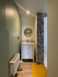 a bathroom with a sink and a mirror at Pimpompul Vakantiewoning in Oudenaarde
