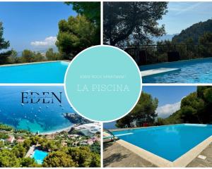 a collage of four pictures of a swimming pool at Eden rock apartment in Grimaldi