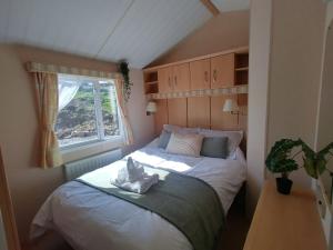 a small bedroom with a bed with a window at Seaside chalet in Ardmore with breathtaking views in Ardmore