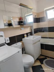a bathroom with a white toilet and a sink at ARKA Apartment in Craiova +8 photos