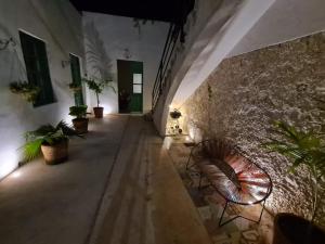 un pasillo con sillas y una pared con plantas en Casa Galeria Campeche, en Campeche