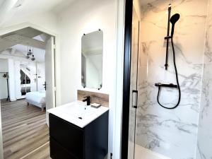 a bathroom with a sink and a shower at 2 Carteret studio cosy proche centre ville in Reims +12 photos