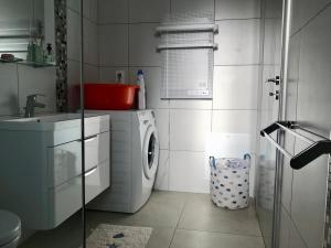 eine kleine Küche mit einer Waschmaschine und einem Waschbecken in der Unterkunft Villa Mandarini in Kamilari