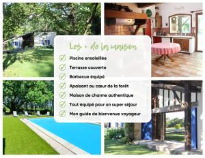 a collage of photos of a house with a sign at Maison de vacances en pleine nature avec piscine in Balizac