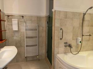 a bathroom with a shower and a toilet and a sink at Goldvilla Apartman in Zalakaros +108 photos