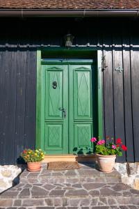 eine grüne Tür an einem Gebäude mit Blumentöpfen in der Unterkunft Šajnska Hiža, autentična goranska kuća u prirodi in Brod Moravice