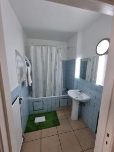 a bathroom with a sink and a shower curtain at Aparthotel Résidence Bara Midi in Brussels +158 photos