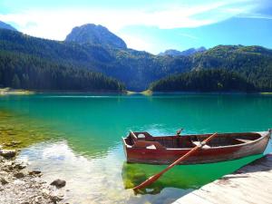 a wooden boat sitting on the shore of a lake at Mountain Lodge with View near Durmitor National Park in Tepačko Polje
