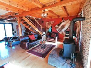 - un salon avec un canapé et un poêle à bois dans l'établissement Mountain Lodge with View near Durmitor National Park, à Tepačko Polje