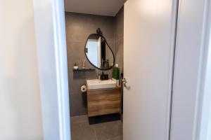 ein Badezimmer mit Waschbecken und Spiegel in der Unterkunft Apartmán LEON - FREE GARAGE PARKING in Bratislava + 13 Fotos