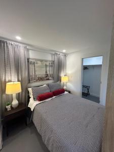 a bedroom with a large bed with two red pillows at Window to Paris Studio on Lake Conroe in Montgomery