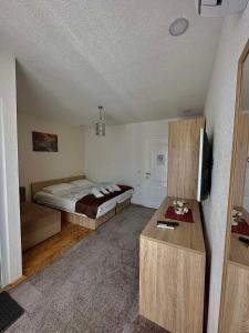 a bedroom with a bed and a television in it at Villa Deea Ohrid in Ohrid
