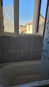 ein Badezimmer mit 2 Fenstern und einer Badewanne in der Unterkunft Le "Chic en Ville" Centre historique, climatisé, wifi, Parking sous-sol inclus in Bergerac