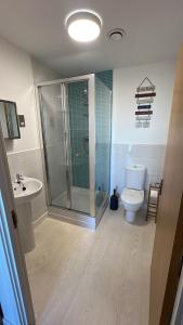 une salle de bains avec douche, toilettes et lavabo dans l'établissement Alishan Cornwall Holidays sleep up to 6, à Newquay