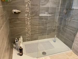 a bathroom with a shower with a glass door at Atlantic Bliss in Portstewart +18 photos