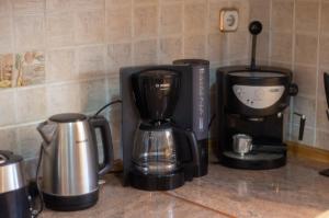 a kitchen counter with a coffee maker and a blender at Semiramis Apartment in Potamós