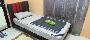 een klein bed met daarop een groen kussen bij Din others roomstay in Kuala Terengganu