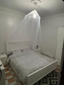 1 dormitorio con cama blanca y mosquitera en Appartement kasbah, en Tánger