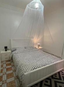 1 dormitorio con cama blanca y mosquitera en Appartement kasbah, en Tánger 9 fotos más
