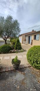 un cortile con una casa con un albero e un patio di Les lavandières a La Pommeraie-sur-Sèvre