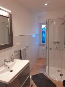 une salle de bain avec une douche, un lavabo et un miroir dans l'établissement Ferienwohnung Alte Post Retzen, à Bad Salzuflen