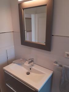 une salle de bain avec un lavabo et un miroir dans l'établissement Ferienwohnung Alte Post Retzen, à Bad Salzuflen 8 autres photos