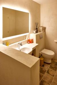 a bathroom with a sink and a toilet and a mirror at Maison Florence in Valliguières +29 photos