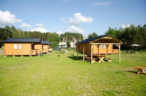 a group of wooden huts in a grass field at Domki z basenem & kajaki u Krysi in Borne Sulinowo
